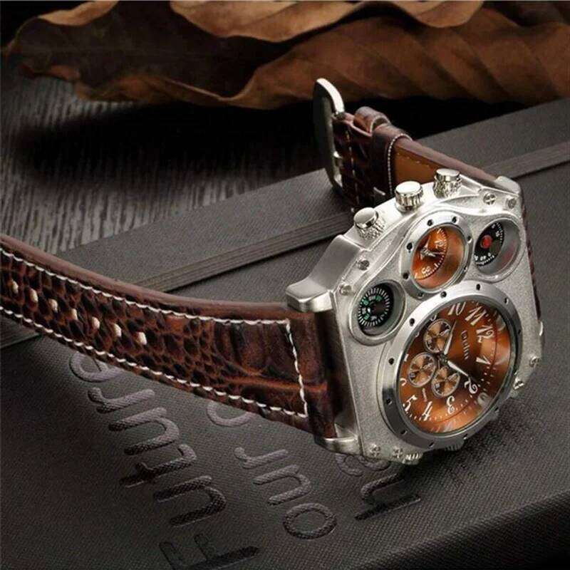 Oulm Fashion Casual Night Light Dual Time Zone Large Dial Leather Strap Men's Quartz Watch reloj hombre