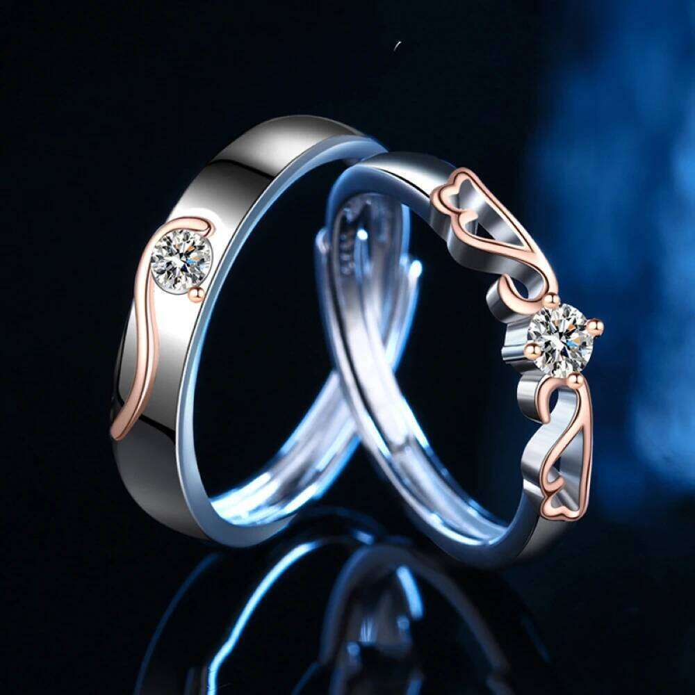 1 Pair Angel Wings Double Flying Adjustable Couple Ring Men Women Silver With Rose Gold Wedding Finger Jewelry Drop Shipping W260312