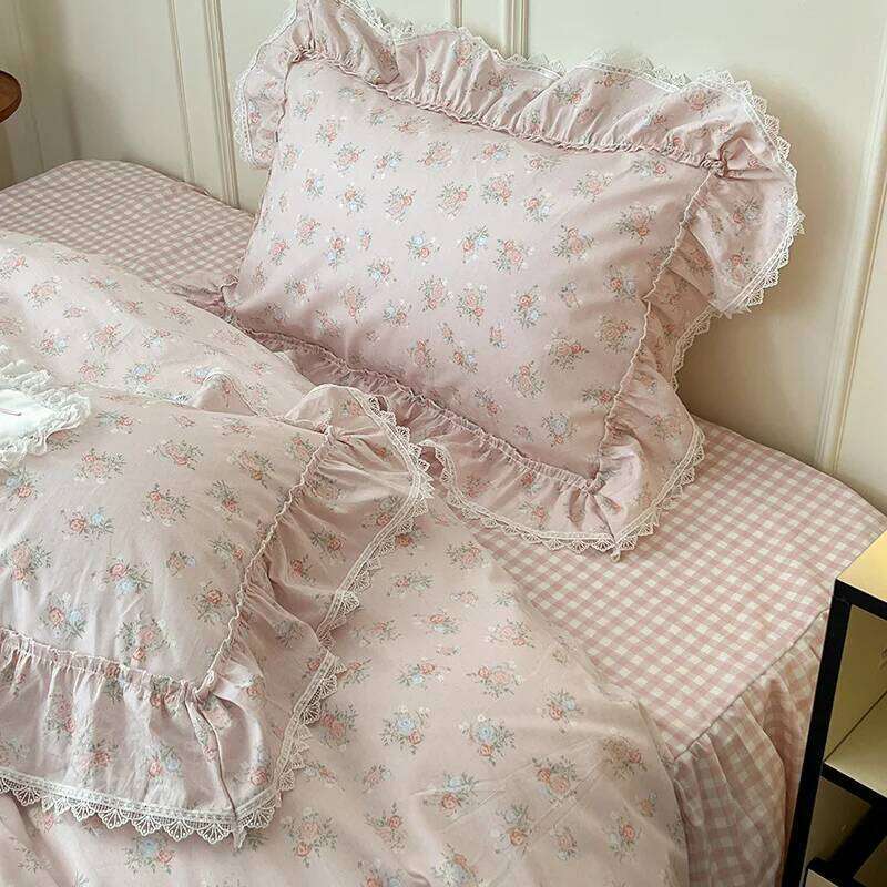Korean Princess Style Ruffles Flower Print Bedding Duvet Cover Set Bed Skirt Bedspread Pillowcases 100% Cotton Home Textile H260312