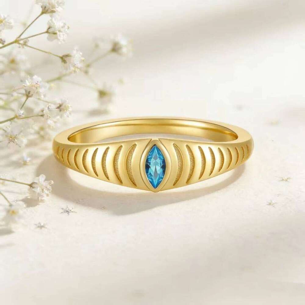 Evil Eye 925 Sterling Silver, 18K Gold Plated Blue Zircon Marquise Adjustable Ring for Women, Christmas Birthday Gift H260312