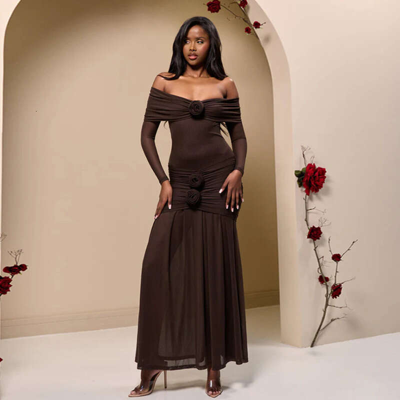European and American foreign trade women's clothing 2025 autumn new fashion elegant solid color pleated slim-fit long-sleeve off-shoulder dress