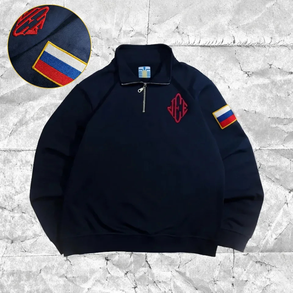 Y2K America Retro Embroidery Pullover White Quarterzip Stand Collar Polo Shirt Sweatshirt Casual Men Clotheing 260228