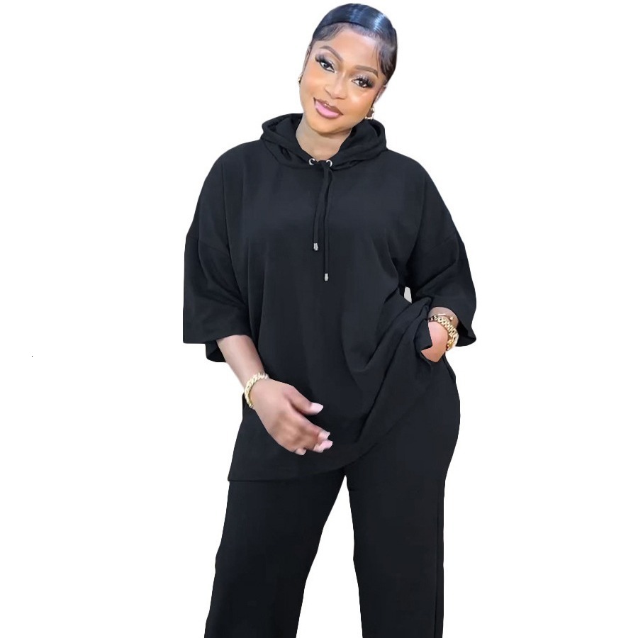 Womens Spring and Autumn Fashion Casual Loose Hooded Mid-Sleeve Split Long Pants Two-Piece Set
