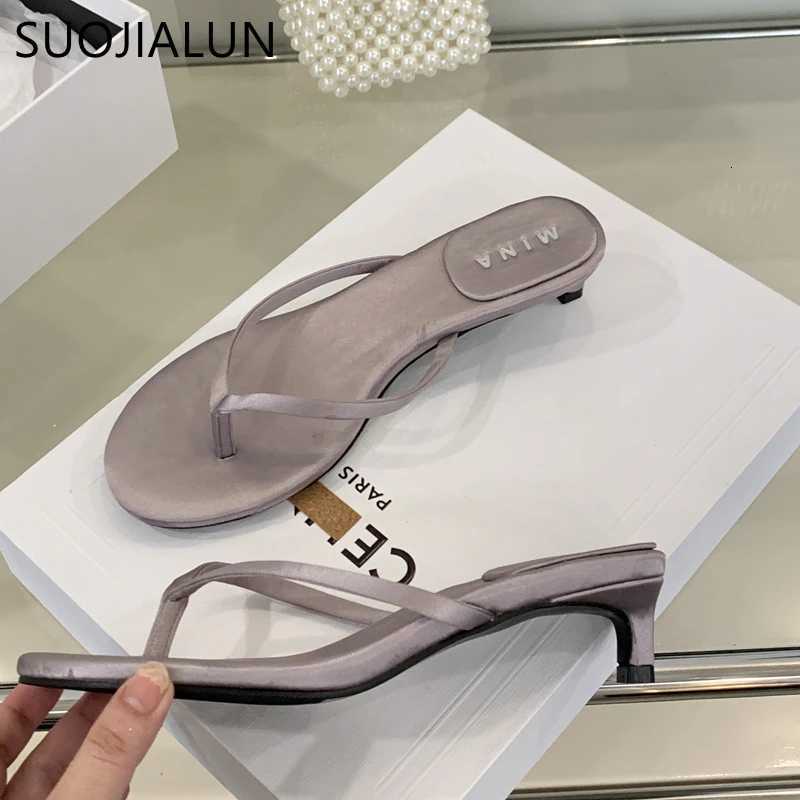 SUOJIALUN 2025 Summer New Slipper Fashion Narrow Band Slip On Flip Flop Shoes Thin Low Heel Outdoor Dress Sandal Slides Sh K260312