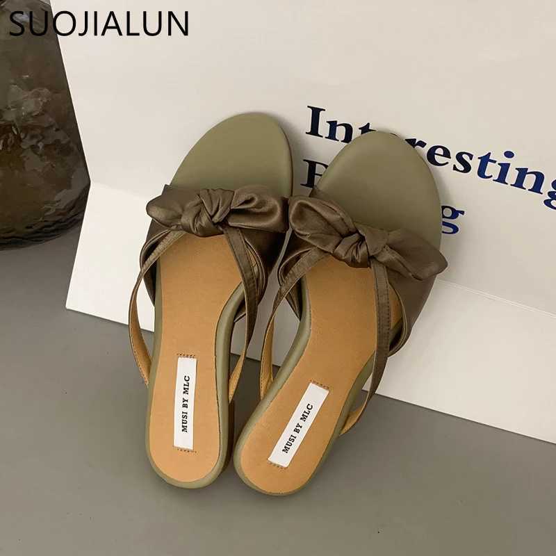 SUOJIALUN 2023 Summer New Women Slipper Fashion Bow-knot Slip On Ladies Sandal Shoes Flat Heel Outdoor Casual Dress Slide K260312