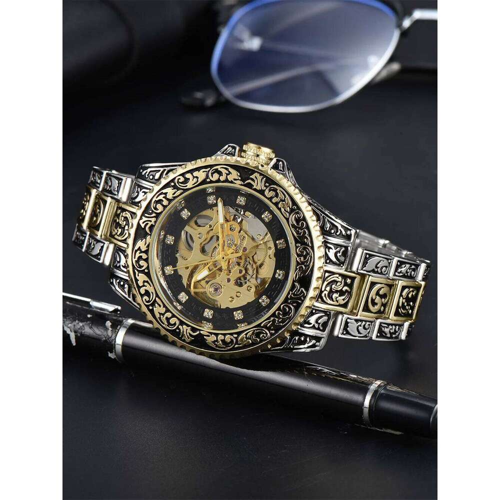 LONGLUX automatic retro luxury mechanical watches alloy carve wholesale waterproof no logo mens watch men gift