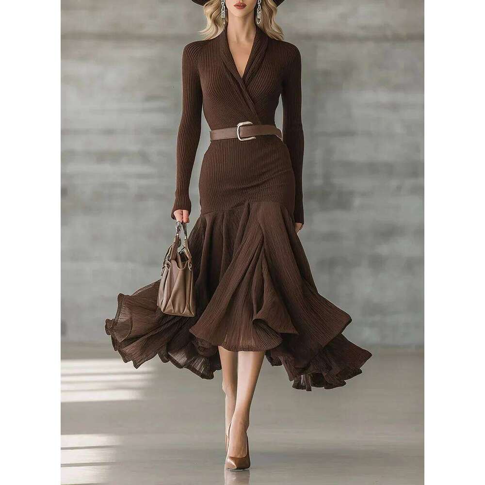 Women's Elegant Brown Ribbed Knit Surplice V Neck Long Sleeve Belted Ruffle Hem Midi Formal Party Evening Dress C260312