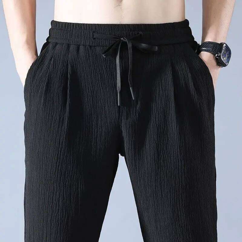Ice Silk Man Jogger Linen Pants Casual Wide Summer Sweatpants Male Spring Lightweight Halking Harem Trousers