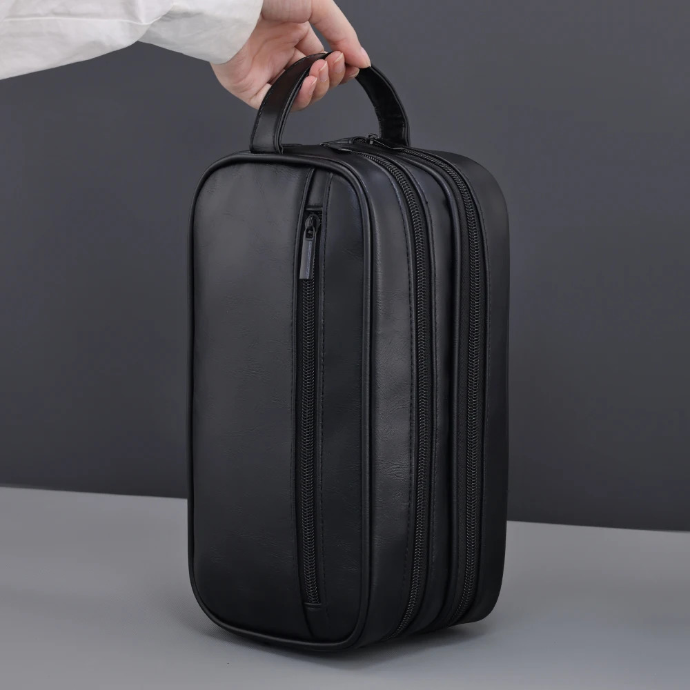 Double-Layer Toiletry Bag for Men PU Leather Travel Wash Organizer Dopp Kit Water-resistant Shaving Cosmetic Bag Strorage 260304