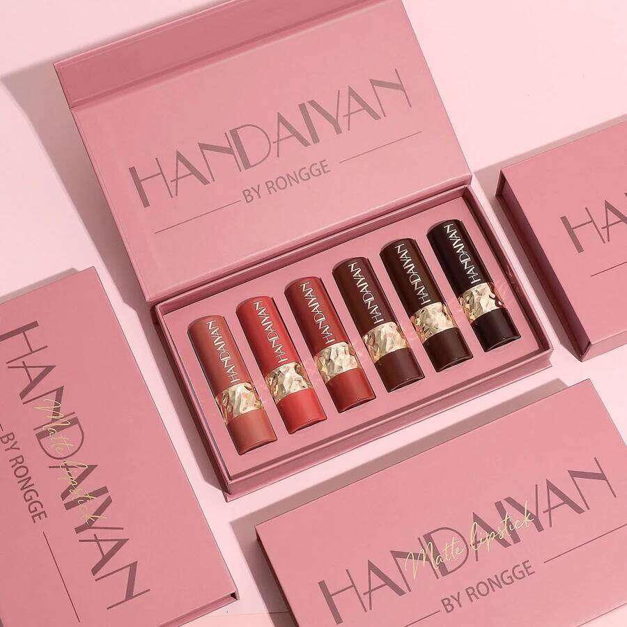 6Pcs Gift Box Velvet Kit Lips Makeup Nude Stick Nonstick Cup Waterproof Lipstick Set Foggy Matte Lip Balm W260311