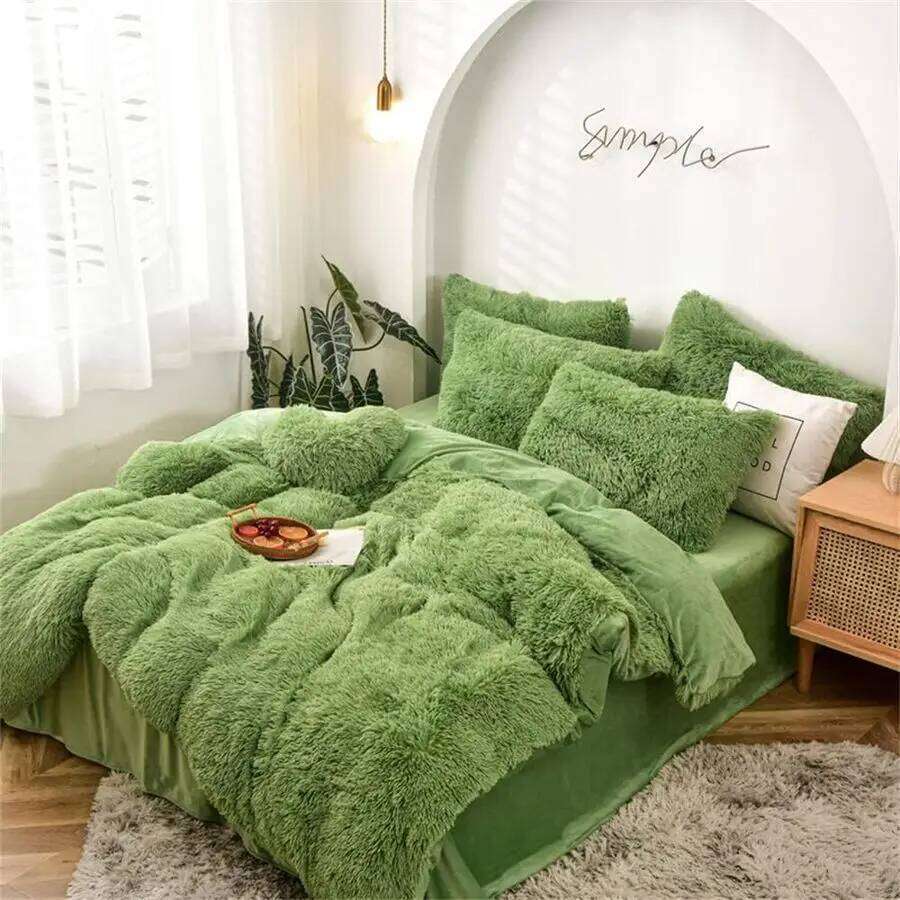 Duvet Full Size Green Ultra Soft Shaggy Fluffy Comforter Fuzzy Quilt Bedding Set 3Pcs 1Duvet Cover