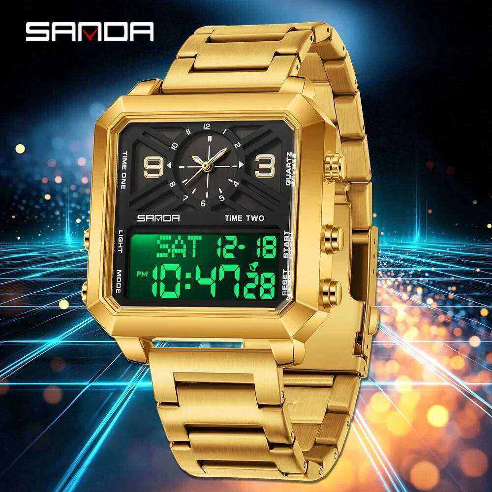 SANDA 6265 Square Display Men's Electronic Quartz Dual Movement 3ATM Waterproof Night Light Sports Business Watch
