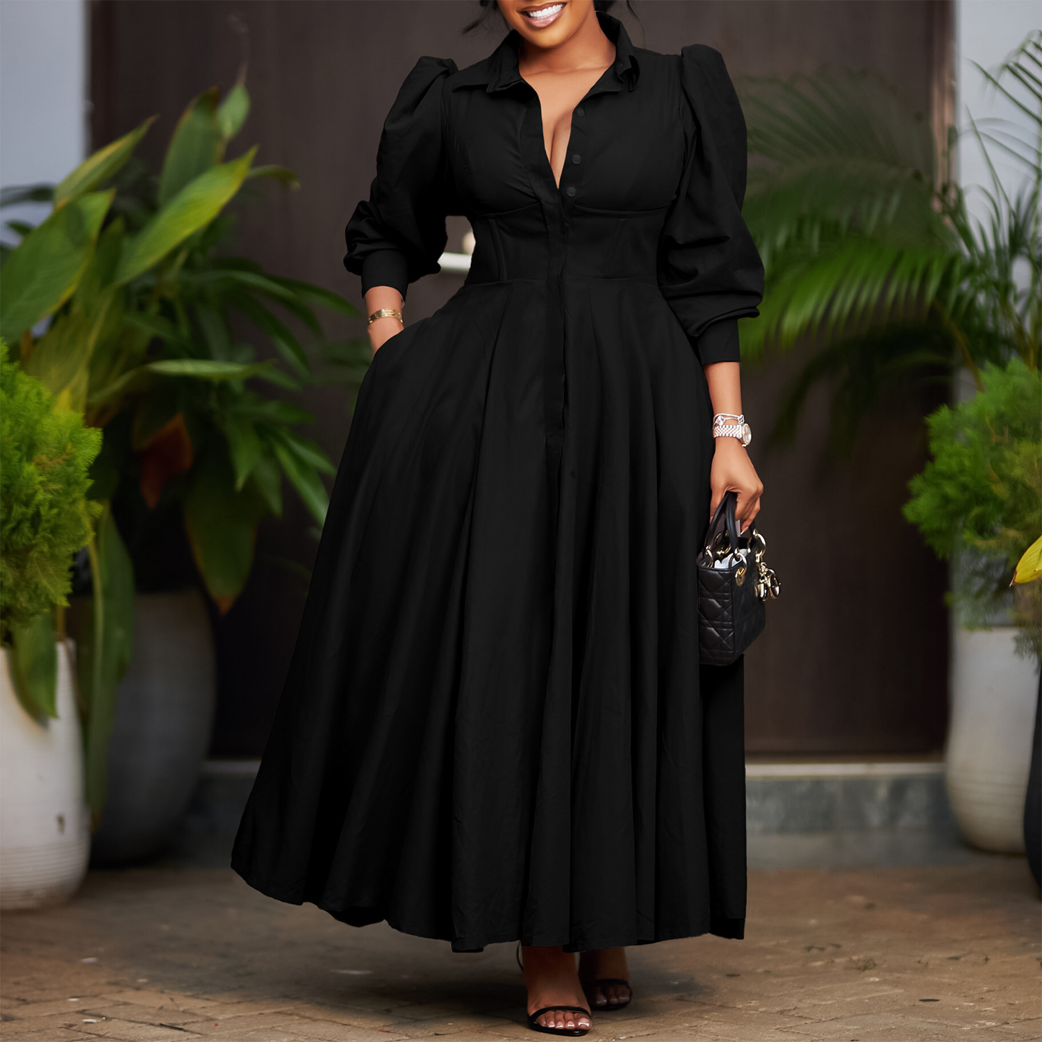 D570 Womens Elegant Long Sleeve Flared Shirt Dress Fashion Solid Color Mid-Length Dress