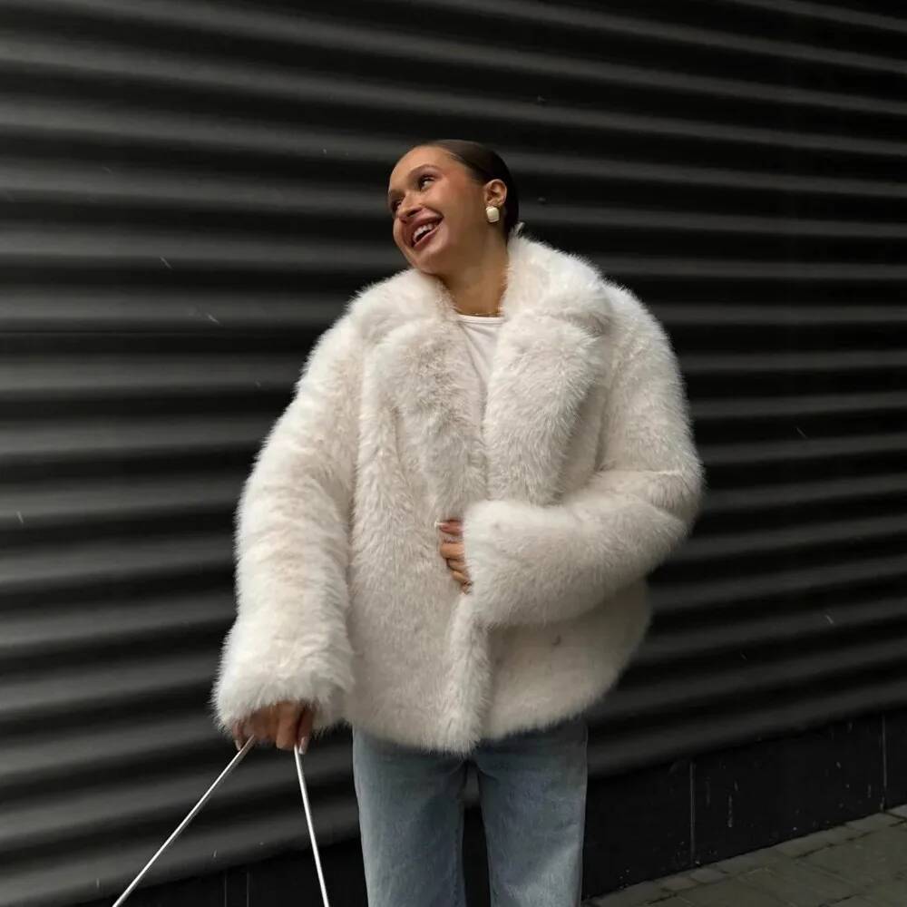 KIDCRKJ Winter Women Mink White Snap Button Lapel Faux Fox Jacket For Lady Chic Fluffy Female Artificial Fur Coat