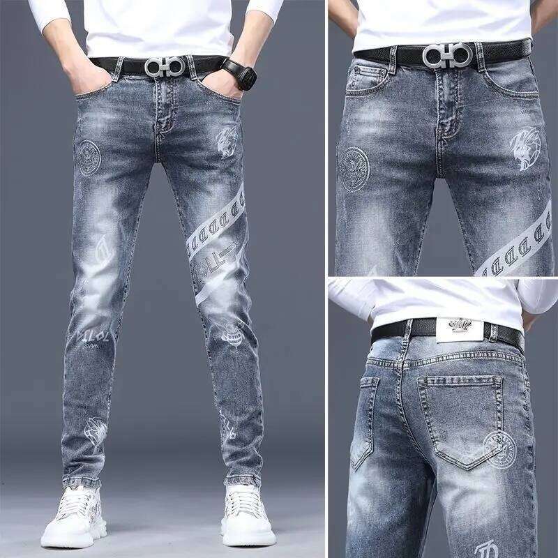 End Stylish Classic Distinctive Printed Black Jeans for Men High Quality Slim Fit Stretch Luxury Denim Pants 26Y0312