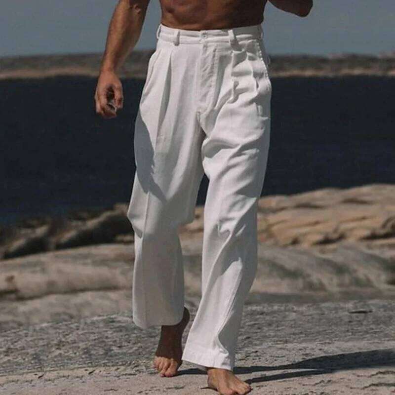 Vintage Solid Color Loose Linen Trousers For Mens Spring Summer New Casual Straight Men Fashion Pleated Breathable Pants