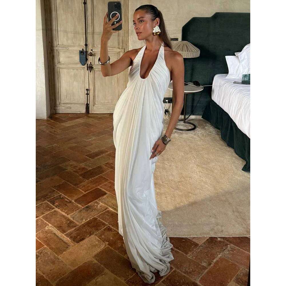 Mozision Mesh Halter Backless Sexy Maxi Dress Women Gown Fashion Elegant V Neck Sleeveless Pleated Club Party Long Dresses C260312