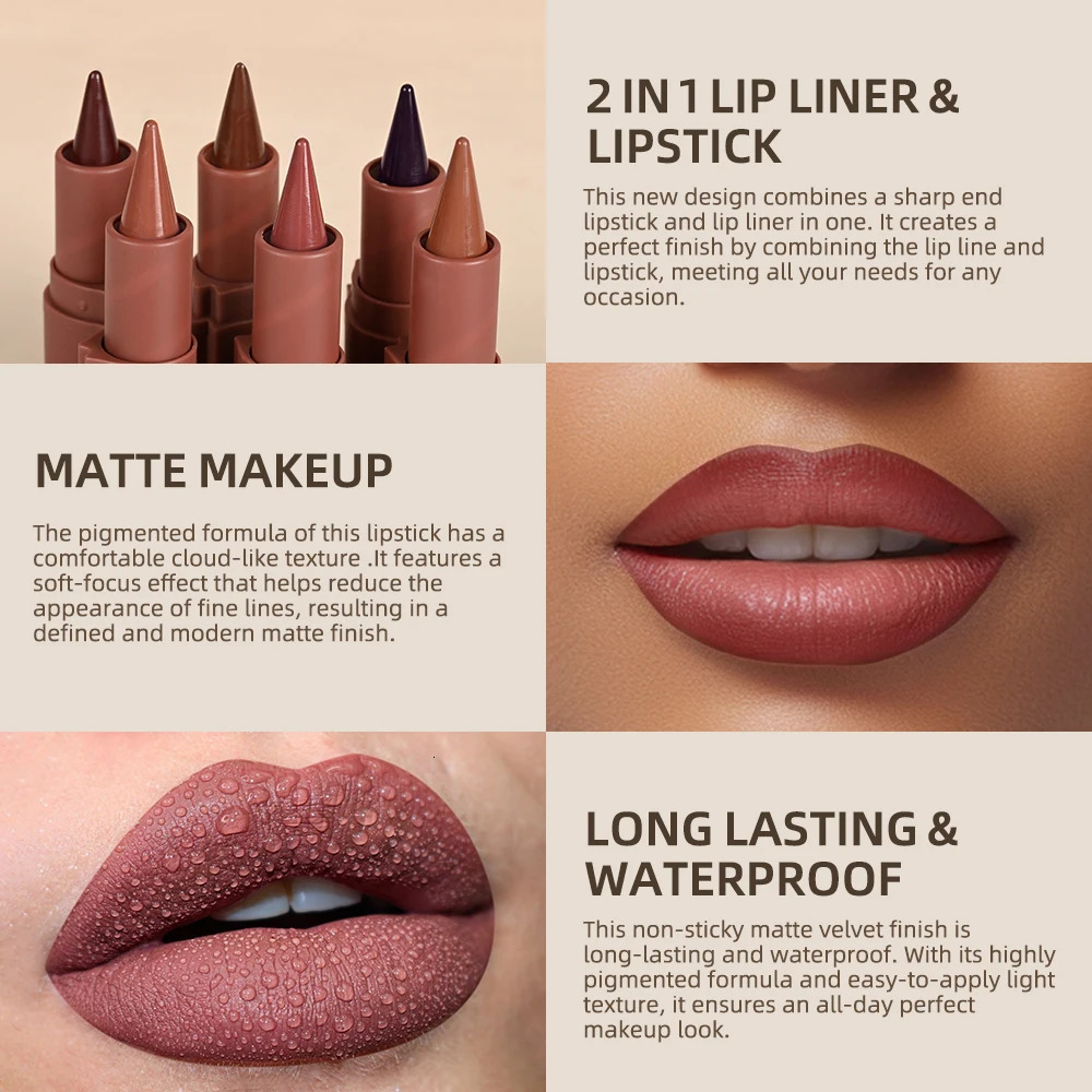 Lakerain Lip Liner Lipstick Pen Long Lasting Waterproof Gradient Quick Drying 2 IN 1 Lip Liner Lipstick Sexy Matte Cosmetic 260305