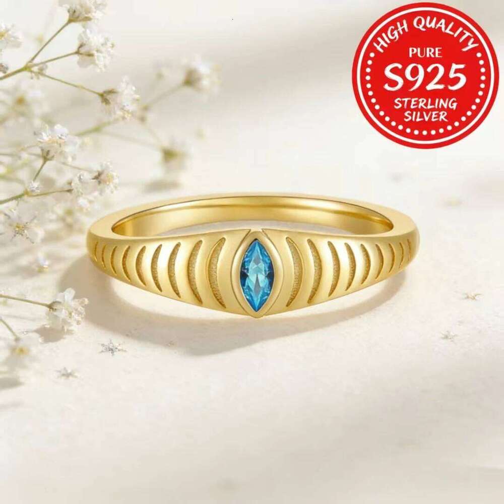 Evil Eye 925 Sterling Silver, 18K Gold Plated Blue Zircon Marquise Adjustable Ring for Women, Christmas Birthday Gift H260312