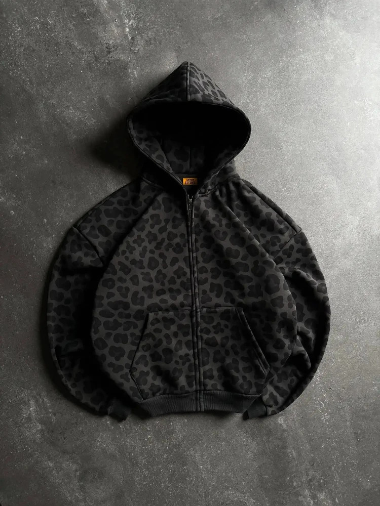 Y2K Zipper Hooded Sweatshirt for Autumn and Winter Retro Leopard Print Hooded Sweatshirt for Men and Women Loose Clothes 260311