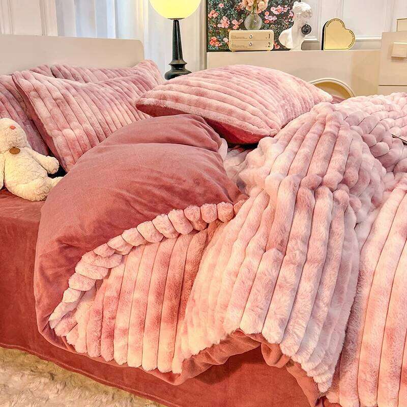 Warm Imitation Rabbit Fur Velvet Bedding Set,AB Side Duvet Cover,Flanne Plush Bed Sheet,Queen King Home Bedclothes Drop shipping H260312