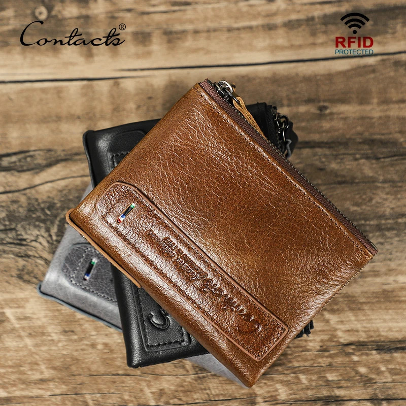 CONTACTS Genuine Crazy Horse Cowhide Leather Men Wallet Short Coin Purse Small Vintage Wallets High Quality er 260304