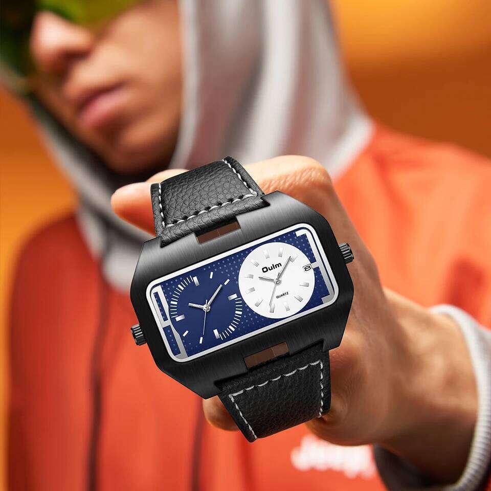 Oulm New Fashion Trend Cool Men's Night Light Calendar Function Dual Time Zone Rectangular Large Dial Quartz Watch reloj