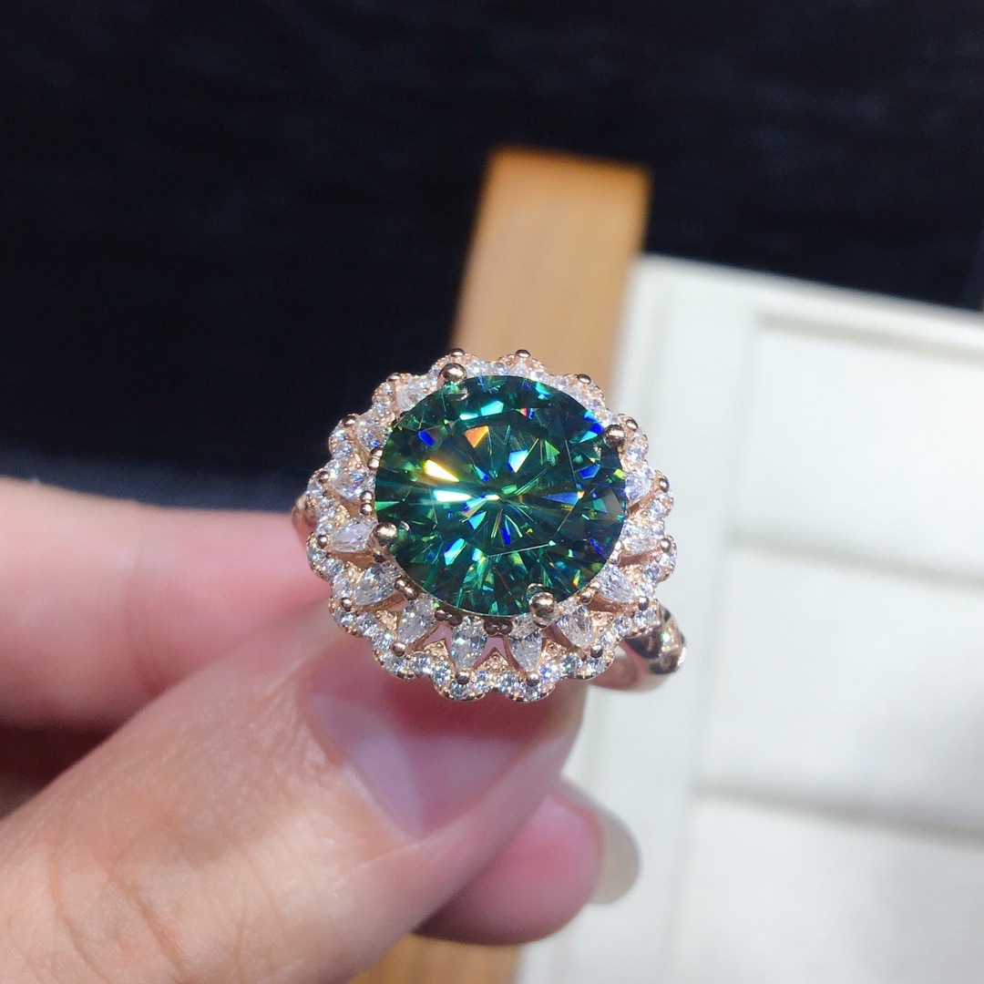18K Gold Plated Green 5A Zircon Open Rings CZ Diamond Round Cut Brilliant Cut Halo Ring Dazzling Wedding Band for Women Gift Adjustable Size