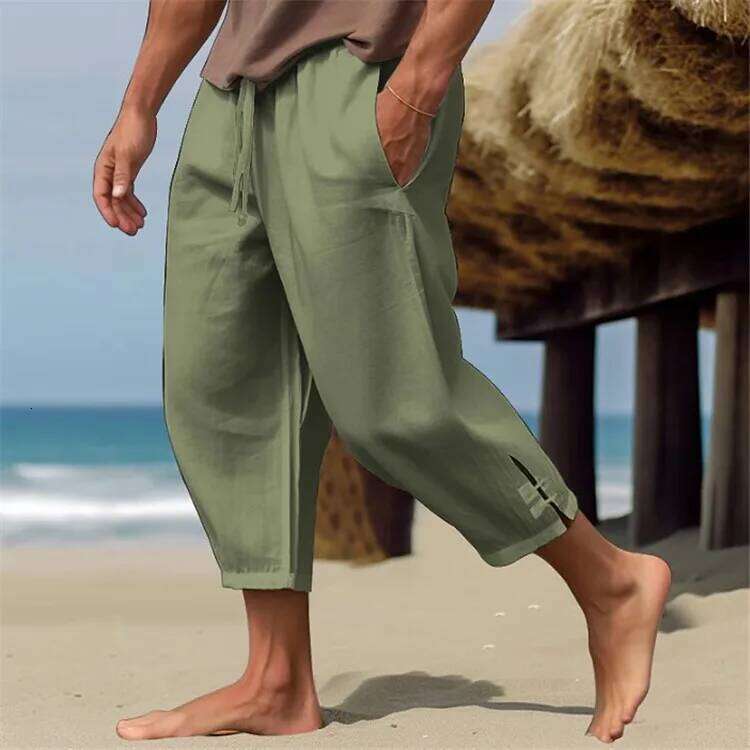 Men's Linen Summer Beach Spring Elastic Waistband Comfortable and Breathable Calf Captcha Pants