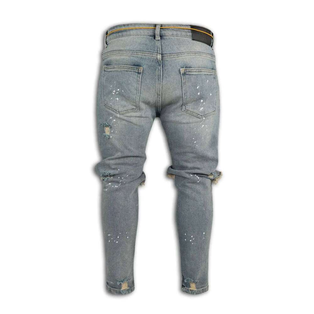 Men Long Jeans Pants Denim Pencil Pant Hole Splice Simple Slim Fit Zipper Lace Up Tight Waist Straight Trousers Autumn 26Y0312