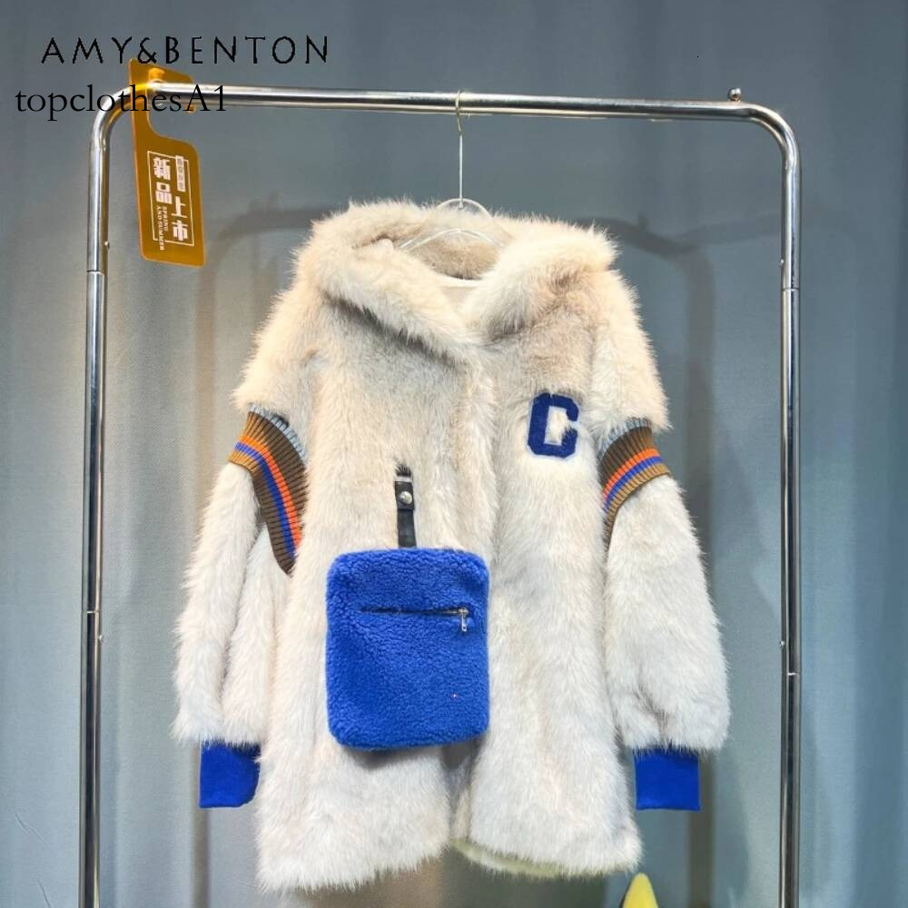 European Style Overcoats 2023 Winter New Embroidered Mink Hooded Faux Women's Fashion One Warm Large Pocket Fur Coat