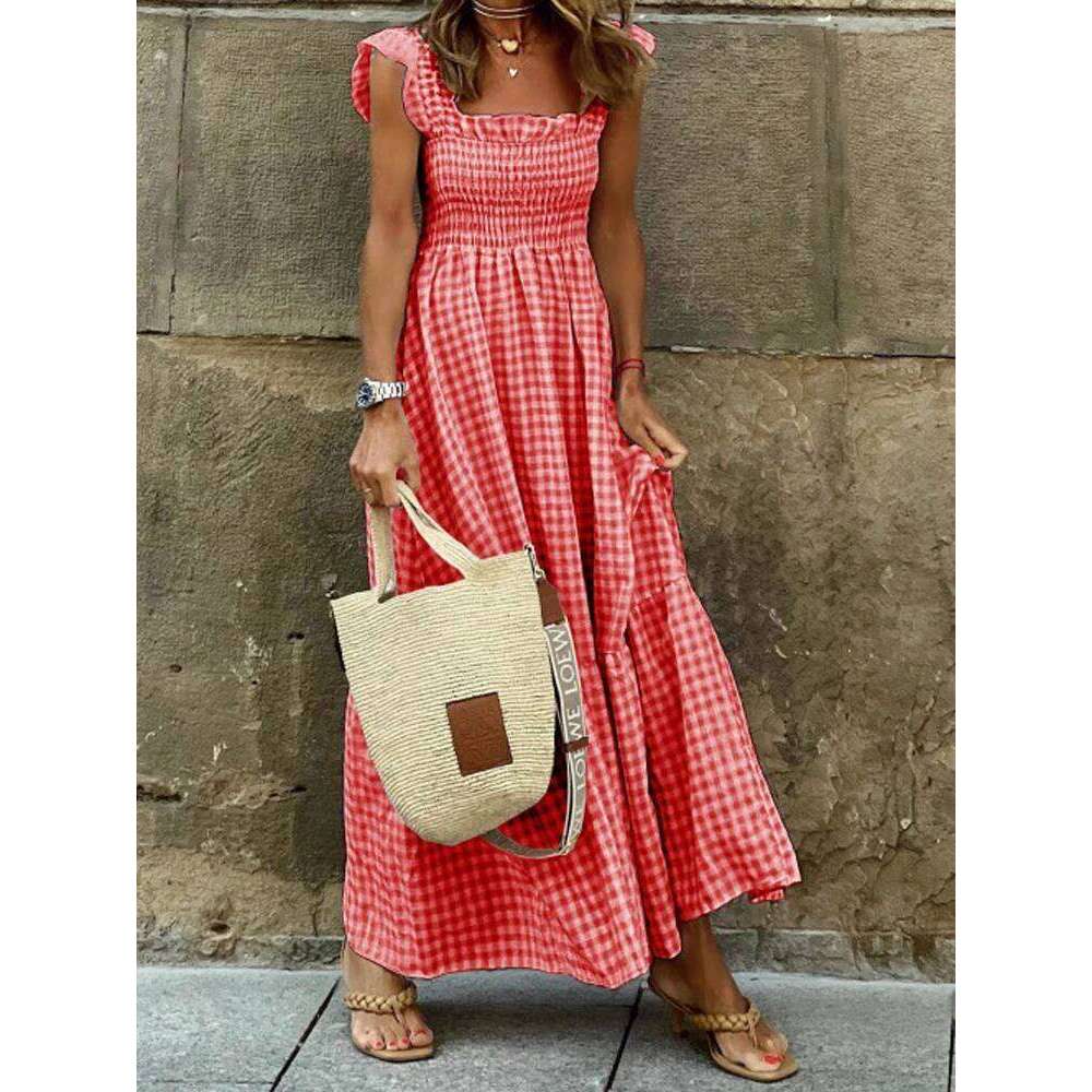 Elegant Plaid Slip Maxi Long Dress Summer Women Strapless Ruffle Backless Pleated Elastic Waist Boho Party Swing Loose Dresses C260311