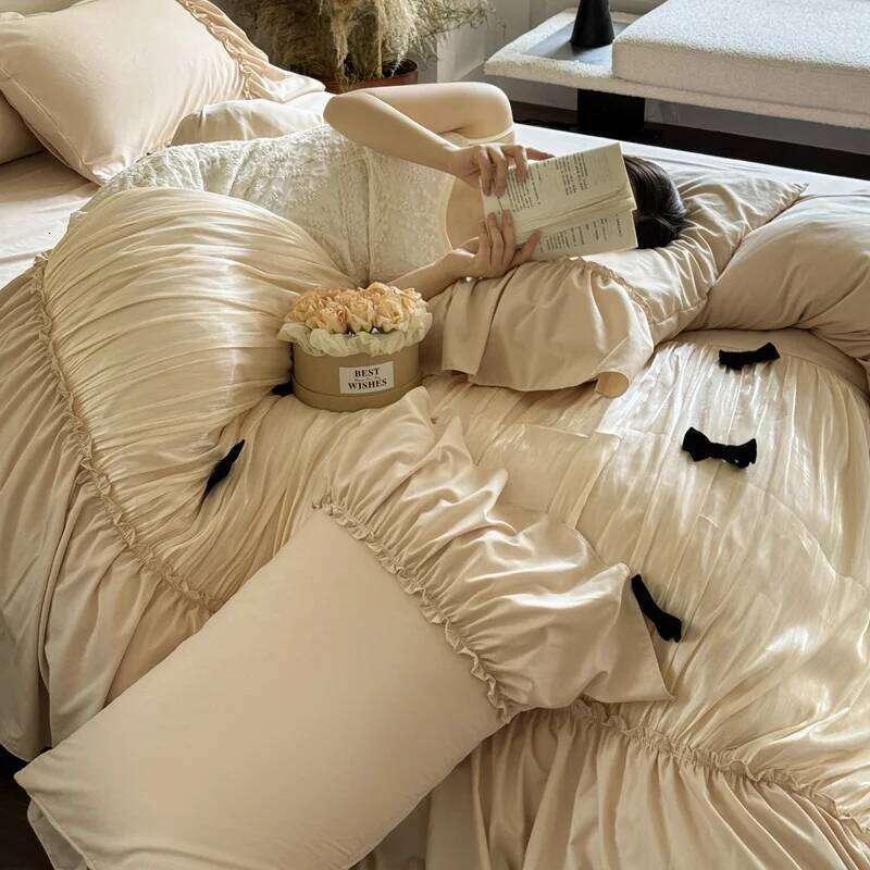 Vintage French Large Ruffles Black Bow Princess Bedding Duvet Cover Set Flat/Fitted Bed Sheet Pillowcases 4Pcs H260312