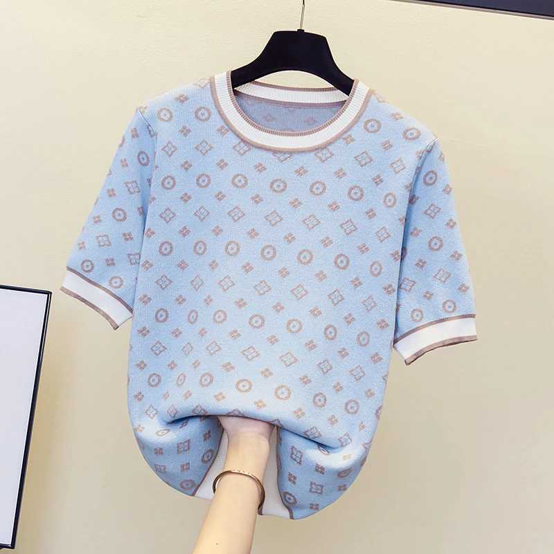 Summer Rhinestones Jacquard Knit Sweater Tees Women Pullover Tops Short Sleeve O Neck Fashion Ladies Chic Female KnitwearT260312