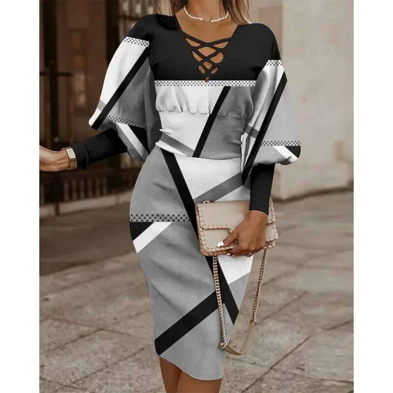Women's Autumn S-XXL Long Sleeved Fashionable Printed V-Neck Band Waist Pack Hip Commuter Leisure Holiday Elegant Dress C260312