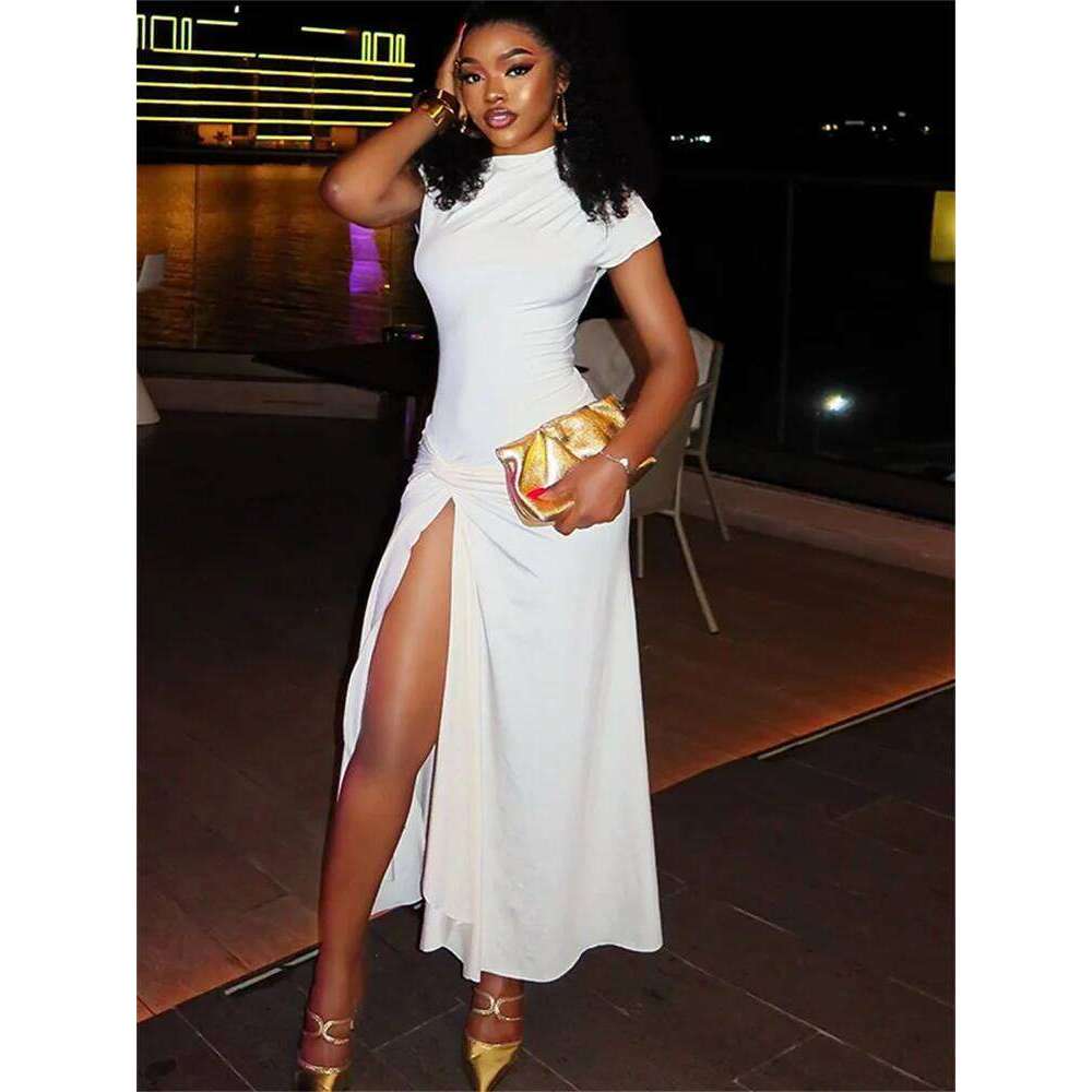 Cutenew Draped Slash Neck Women Dress Concise Incline Shoulder High Side Split A-line Maxi Bodycon Mujer New Elegant Party Frock C260311