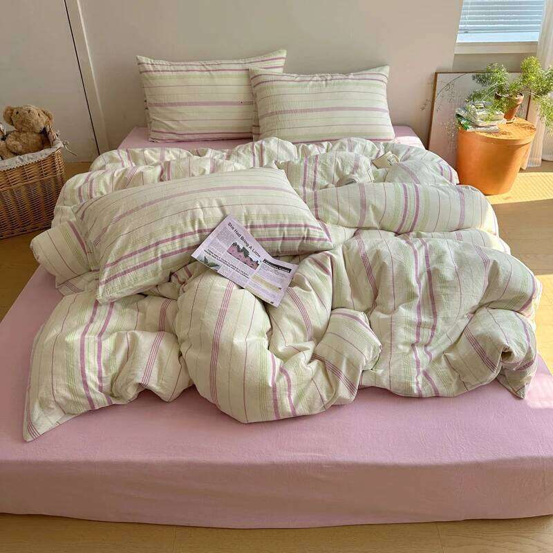 Aimple Stripe Bedding With Pillowcase Sheet Full Size Washed Cotton Duvet Cover Set King Double Single Bed H260312