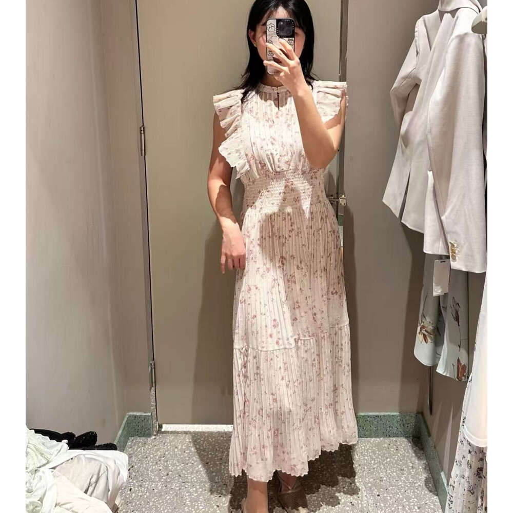 2026 Spring and Summer New Women's a21 Celebrity Same Style Printed Flower Flowing Sleeve Fold Dress