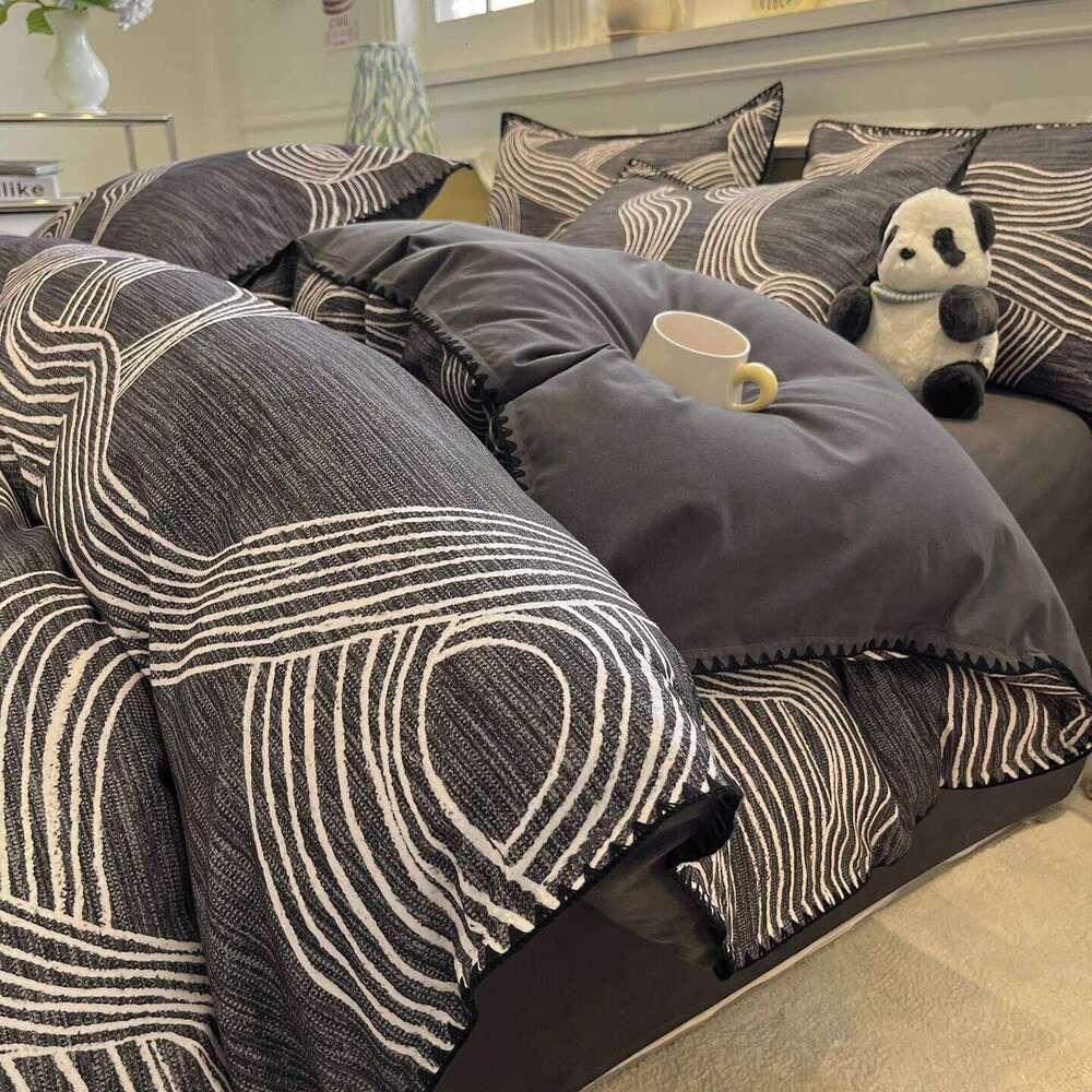 winter thickened four-piece set simple solid color striped shell edge naked sleeping grade sheets comfortable home textiles H260312