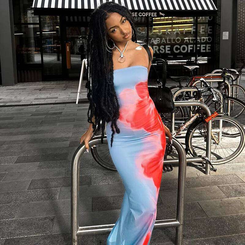 Fashion Elegant Sleeveless Print Dress Women's Sexy Backless Strapless Bodycon Maxi Dresses Summer Beach Holiday Long Robe C260312