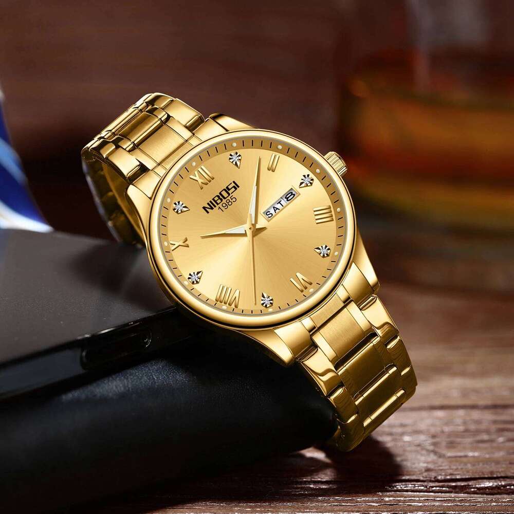 NIBOSI Gold Watches for Men Top Brand Luxury Week Day Display Men's Watch Business Waterproof Stainless Steel Sports Wristwatch