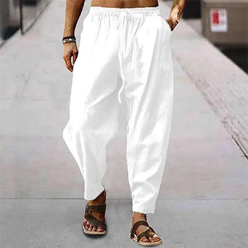 New Men Cotton Linen Summer and Autumn Solid High Waist Wide-Leg Trousers Male Loose Hemp Casual Breathable Sports Pants