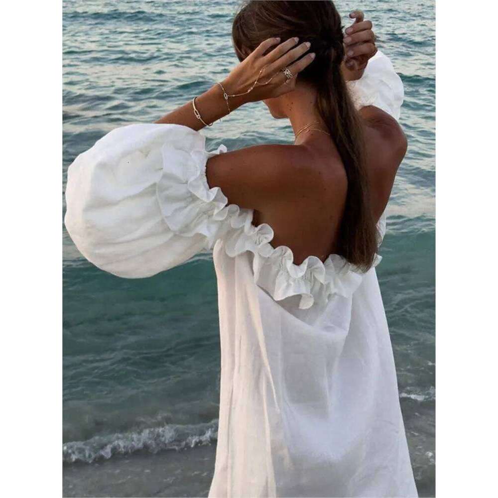 Sexy Slash Neck White Women Dress Fashion Elegant Beach Party Holiday Casual Dresses New Female Ruffles Lantern Sleeve Vestidos C260312
