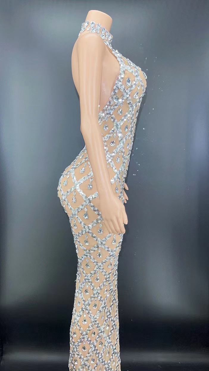 Basic & Casual Dresses Transparent Long Dress Evening Birthday Celebrate Luxurious Costume Sparkly Silver Big Rhinestone Dancer Flashing Dress