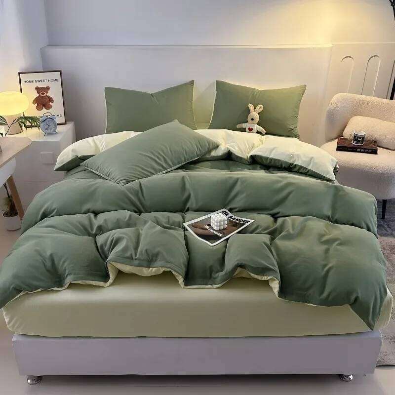 2025 new skin-friendly and comfortable washed cotton simple striped plaid color four-piece set, bed sheet kit H260312