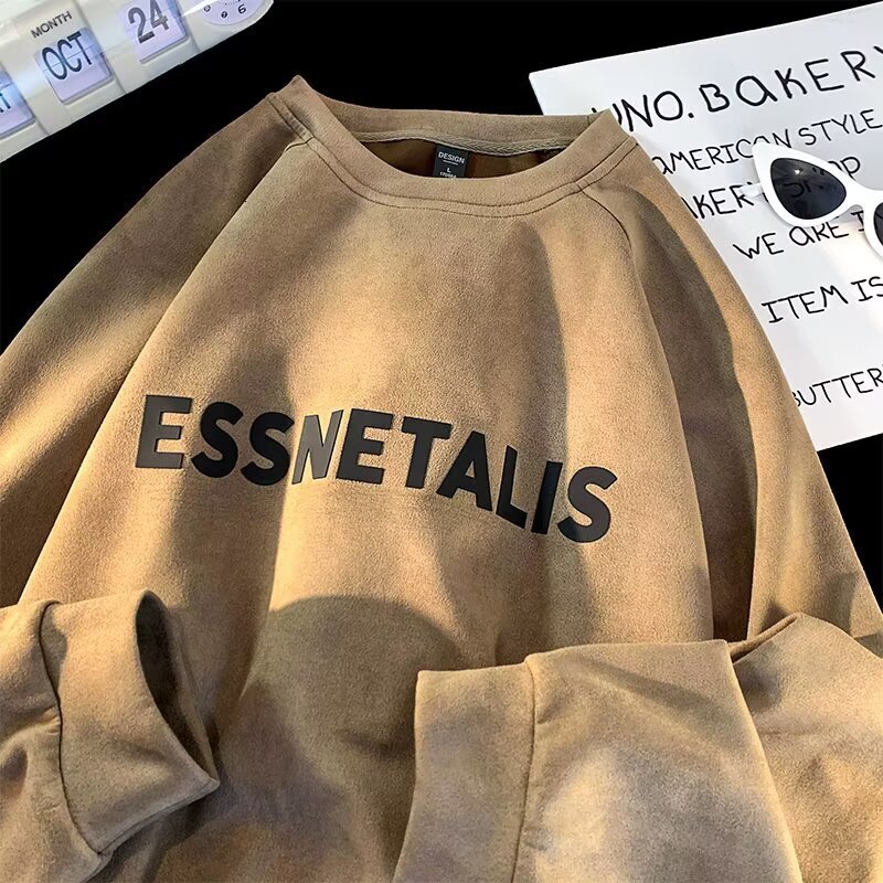 Heavyweight Suede -style Hoodless Crew Neck Sweatshirt For Men New Early Spring Designer Hoodie And Autumn Trendy Brand Couple's Loose-fitting Ja