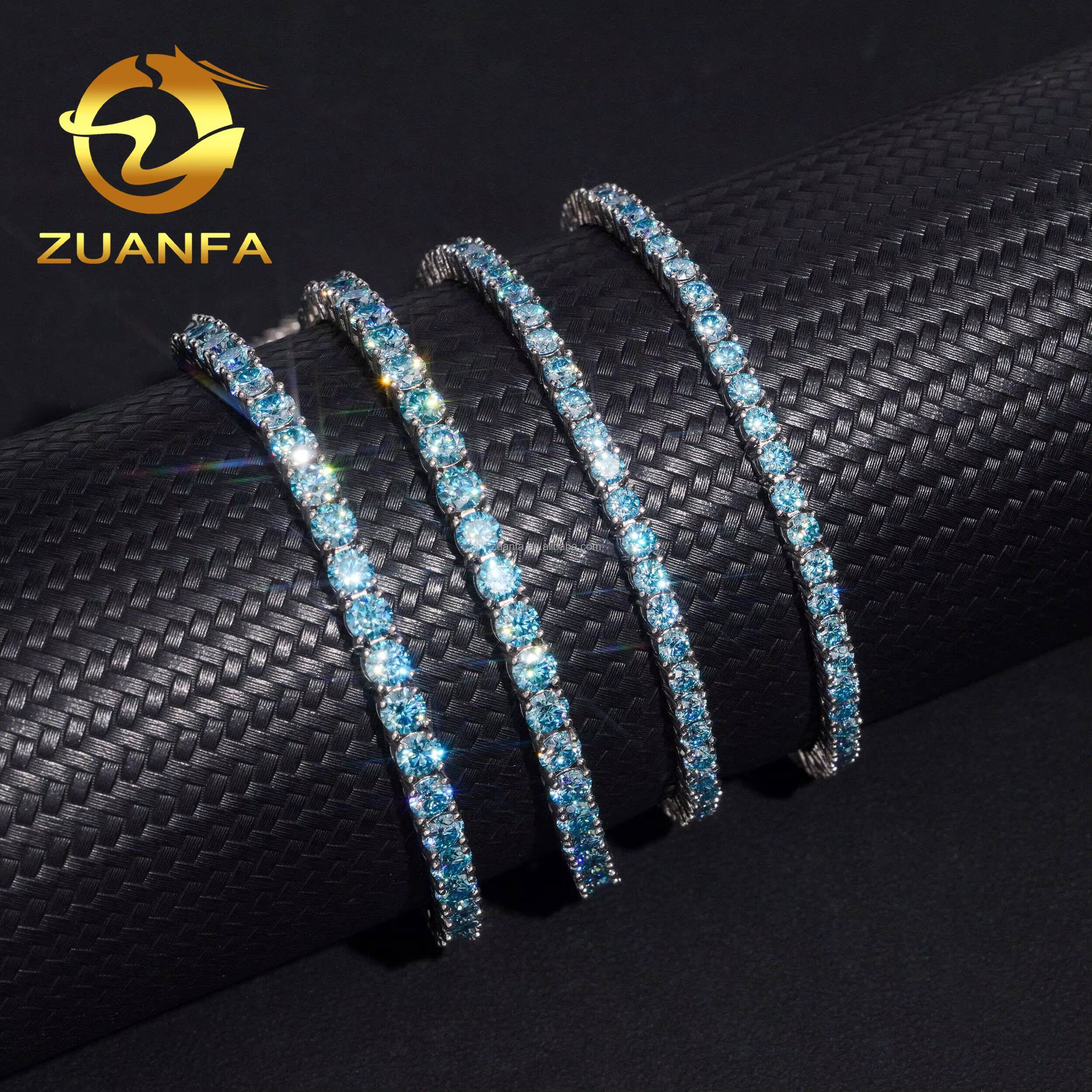 New Design Stock 3mm 4mm 925 Silver Hip Hop Iced Out GRA Certificate Blue Moissanite Diamond Cluster Tennis ChainBracelet