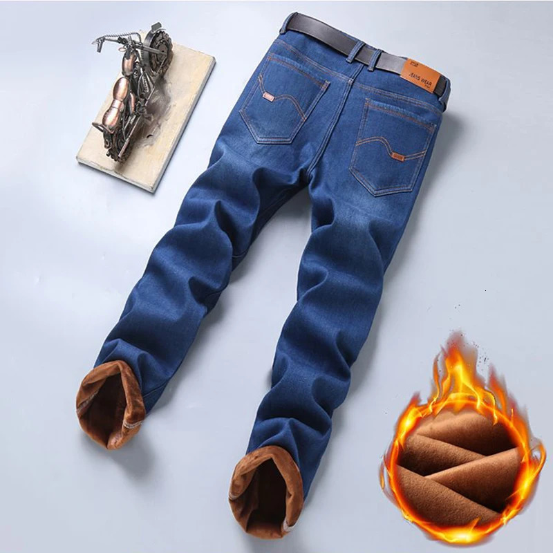 Men Fashion Winter Warm Jeans Male Fleece Lined Thickened Denim Pants Loose Straight Comfortable Casual Black Blue Trousers 260228
