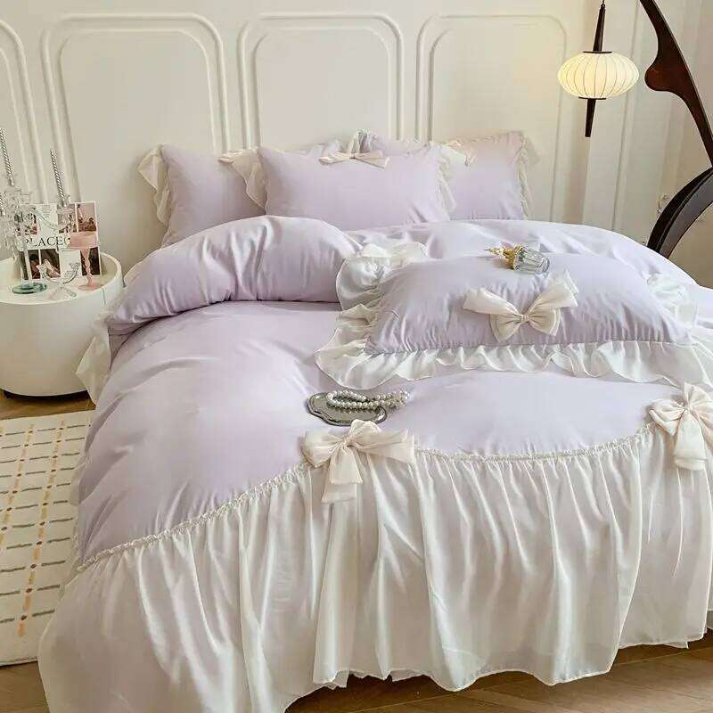 French Princess Style Bedding Sets Ruffle Lace Bow Quilt Romantic Bedclothes Decor Woman Girls Bedroom Duvet Cover 4pcs H260312