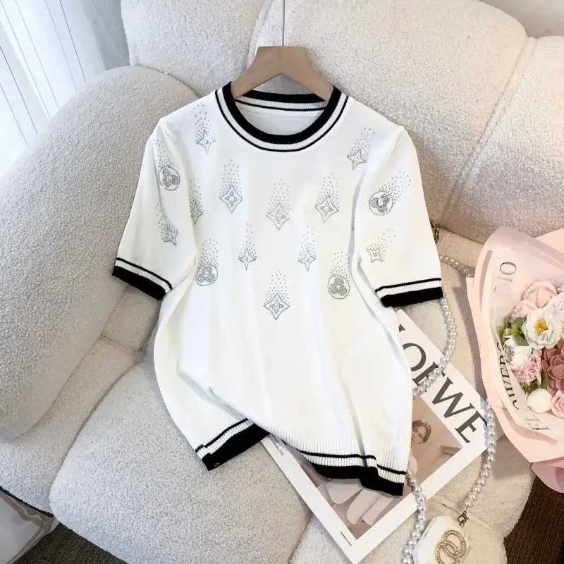 Fashion Diamond Knitted Shirts Women Summer Knit T-Shirts Short Sleeve Knitwear White Black Tops O-neck Thin Pullover NewT260312